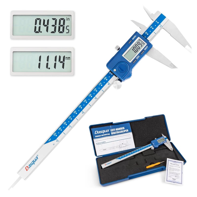 Dasqua Left-Handed Digital Caliper 0-8"/200mm Stainless Steel with Large LCD Screen, Dual Reading in/mm, Accuracy ±0.0015"/0.03mm, Resolution 0.0005"/0.01mm, High Precision Caliper Measuring Tool - Image 1